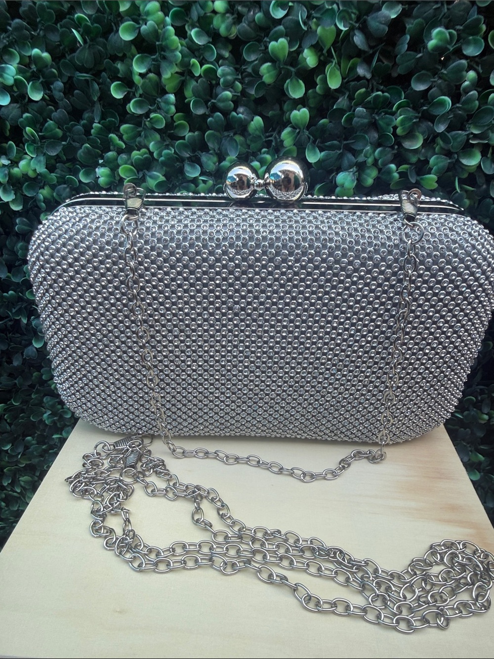 Silver Crystal Evening Clutch with Chain Strap